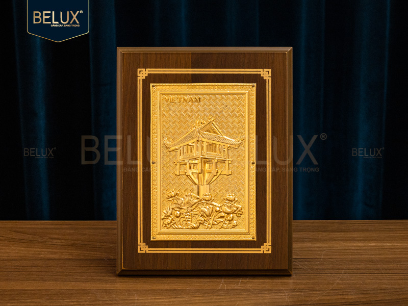 Tranh Chùa Một Cột bằng đồng mạ vàng 24k khổ đứng 22x17cm